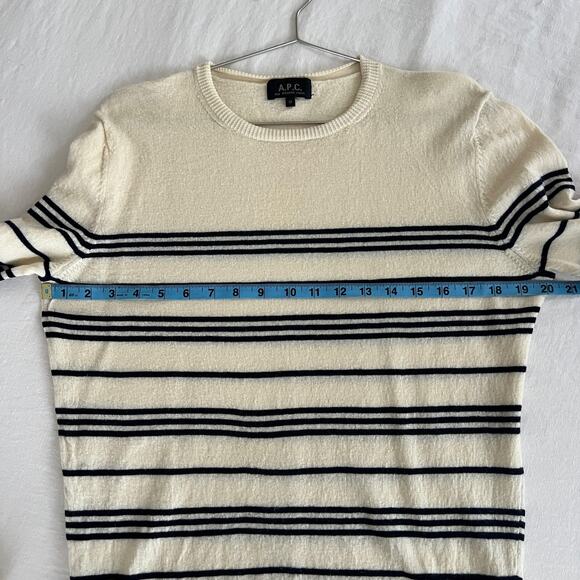 A.P.C. Womens Cream Black Stripe Crewneck 100% Wool Long Sweater Size M - Picture 6 of 12